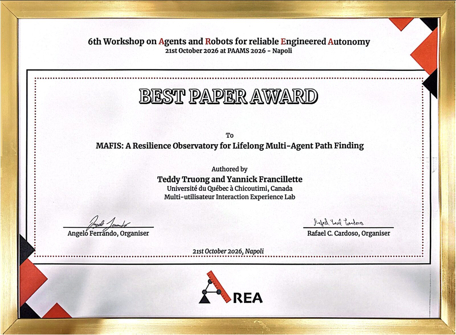 Best Paper Award, 6th AREA Workshop, PAAMS 2026, Napoli, 21 October 2026
